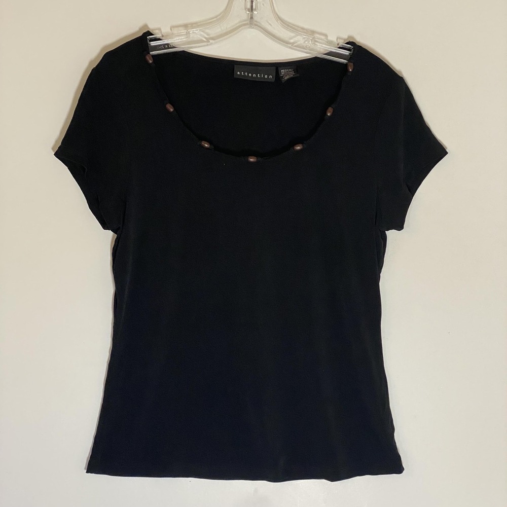 Attention Top Womens Medium Black Beaded Scoop Neck Short Sleeve Stretch